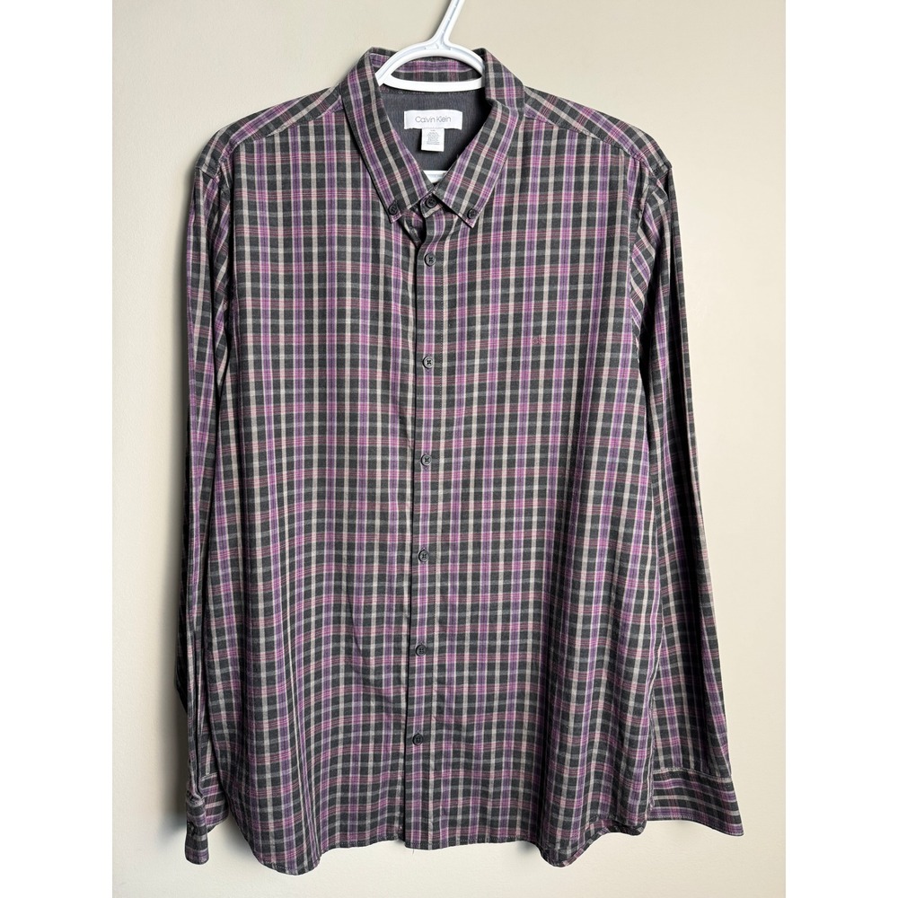 Calvin Klein Plaid Button Down Shirt L Purple Grey Dark Academia Preppy Office
